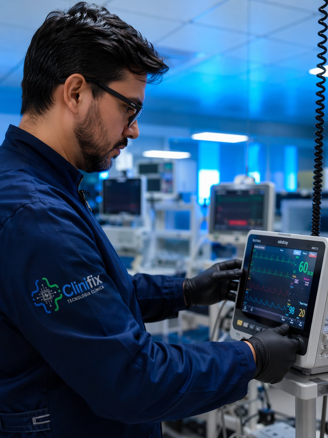 Técnico de engenharia clínica trabalhando em equipamento hospitalar